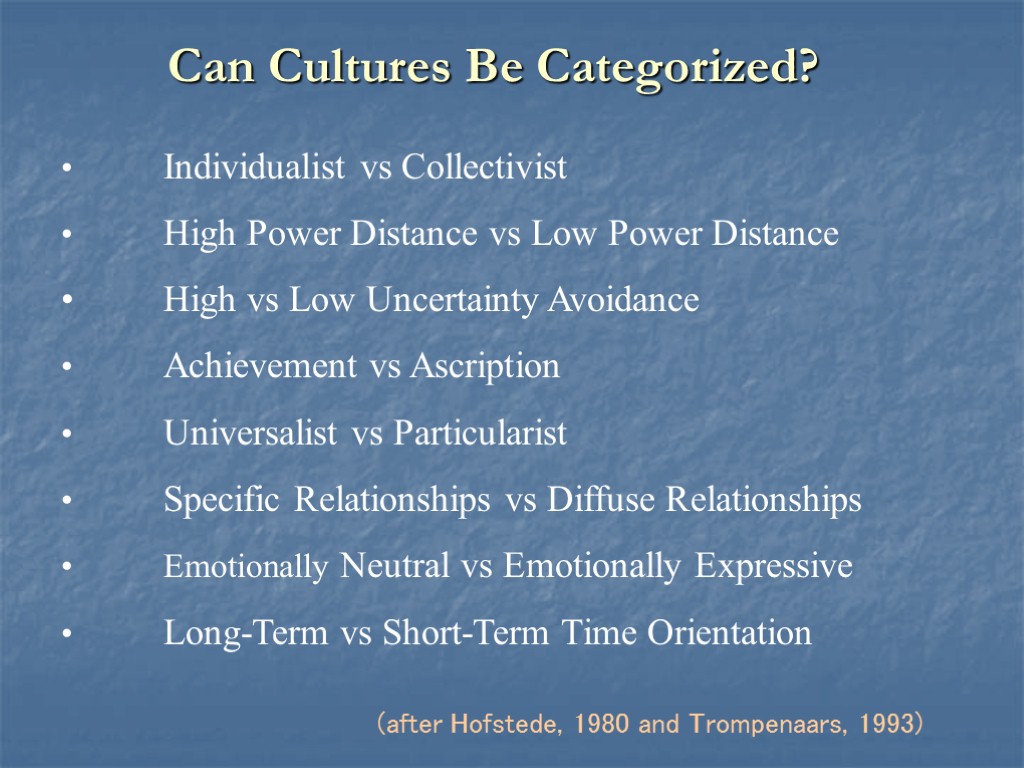 Can Cultures Be Categorized? Individualist vs Collectivist High Power Distance vs Low Power Distance